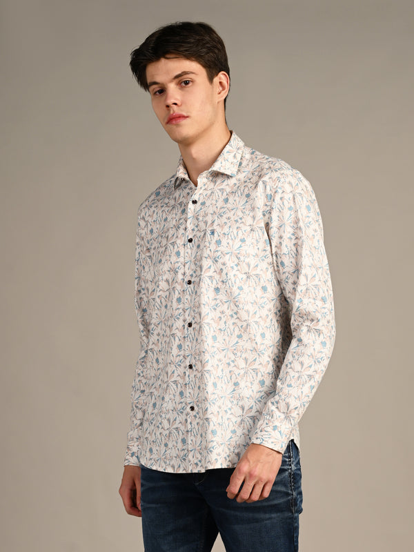 Killer Men Cream Printed Slim Fit Shirts
