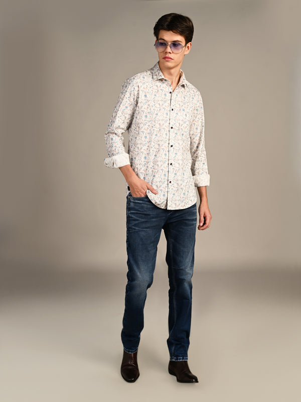 Killer Men Cream Printed Slim Fit Shirts