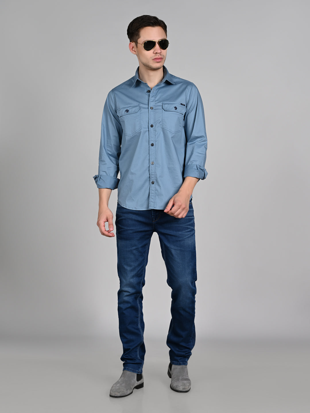 Killer Men Blue Solid Straight Fit Shirts