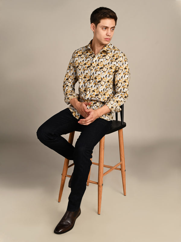 Killer Men Mustard Printed Slim Fit Shirts