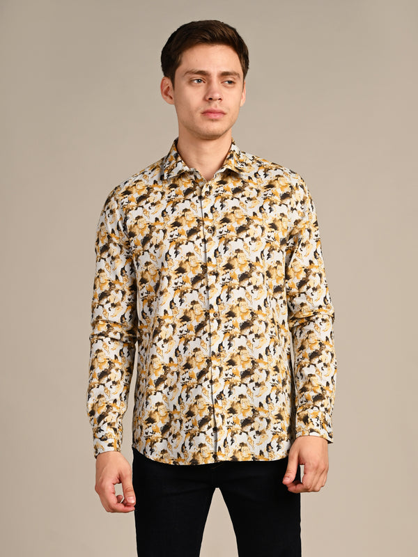 Killer Men Mustard Printed Slim Fit Shirts