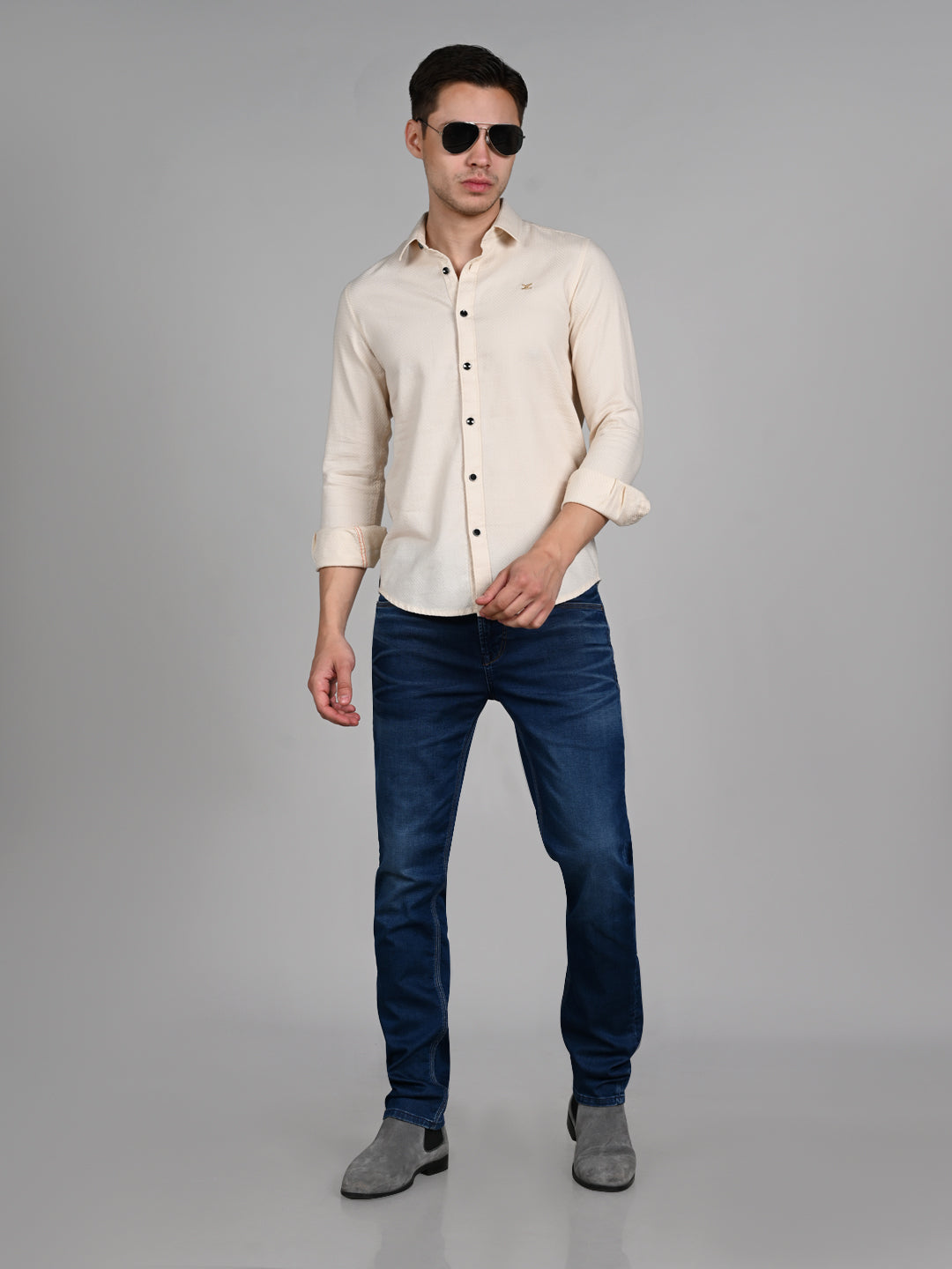 Killer Men Cream Solid Slim Fit Shirts