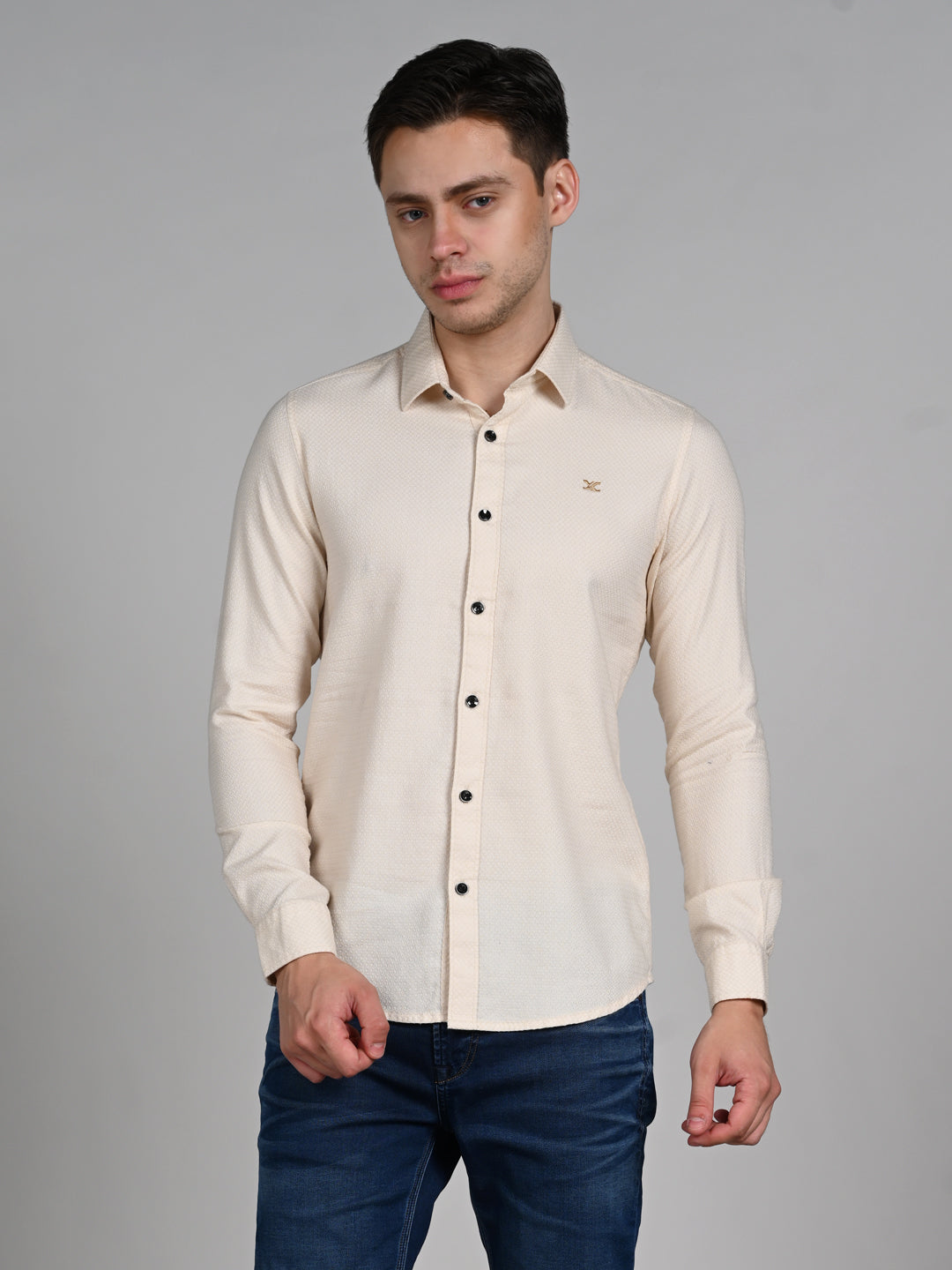 Killer Men Cream Solid Slim Fit Shirts