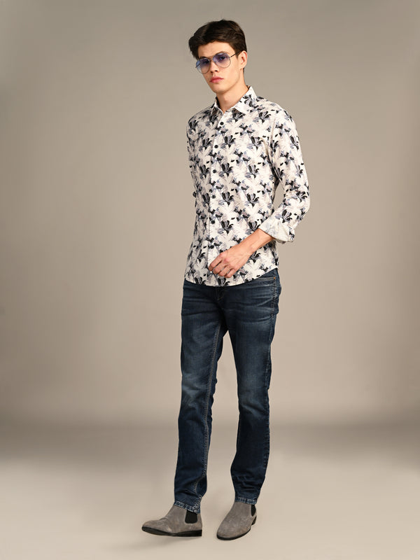 Killer Men Cream Printed Slim Fit Shirts
