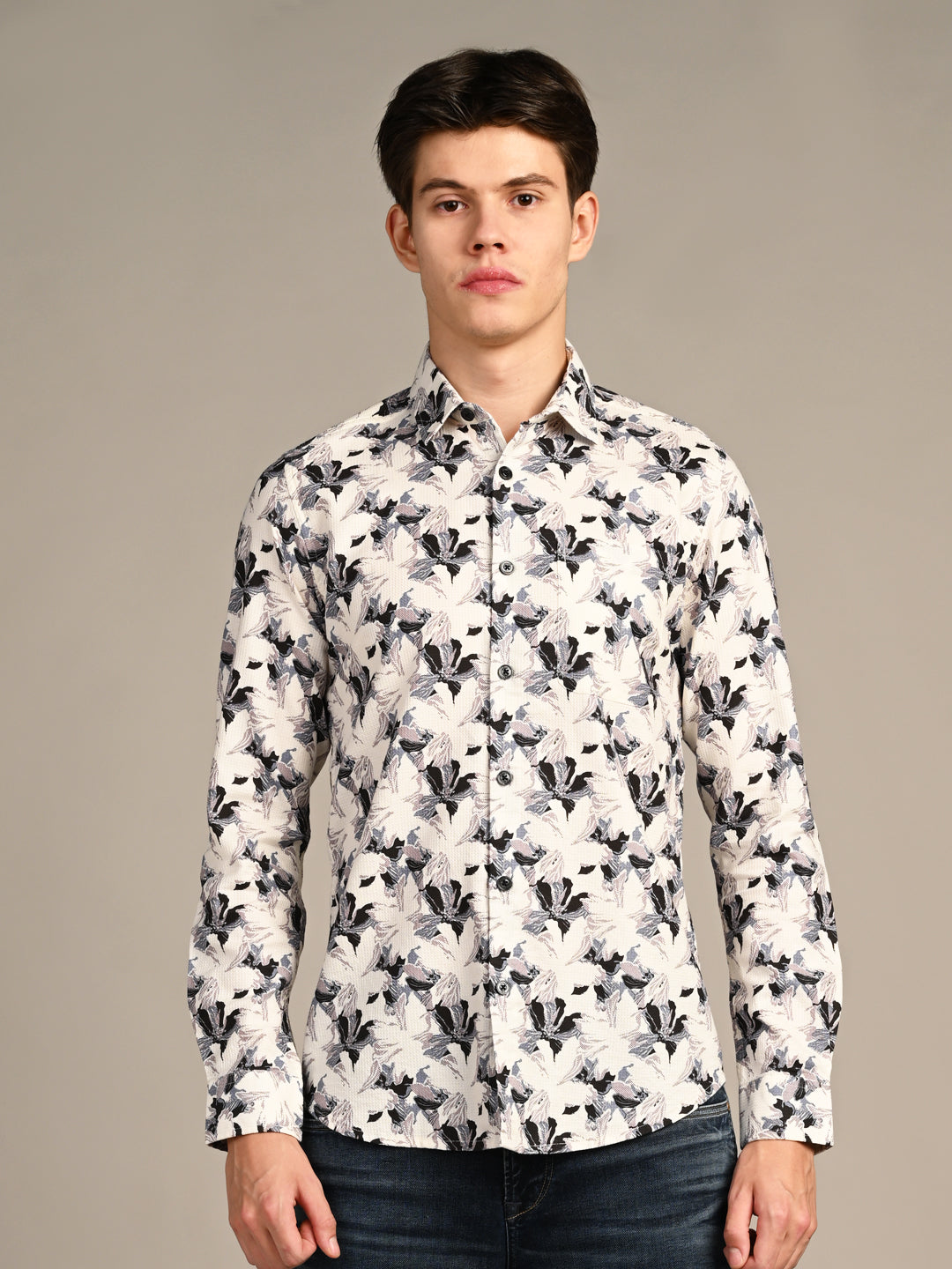 Killer Men Cream Printed Slim Fit Shirts
