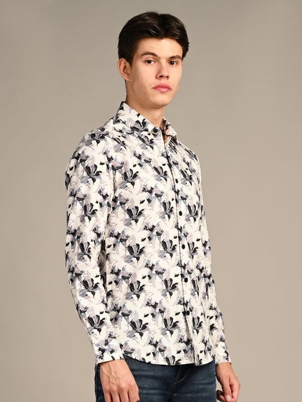 Killer Men Cream Printed Slim Fit Shirts