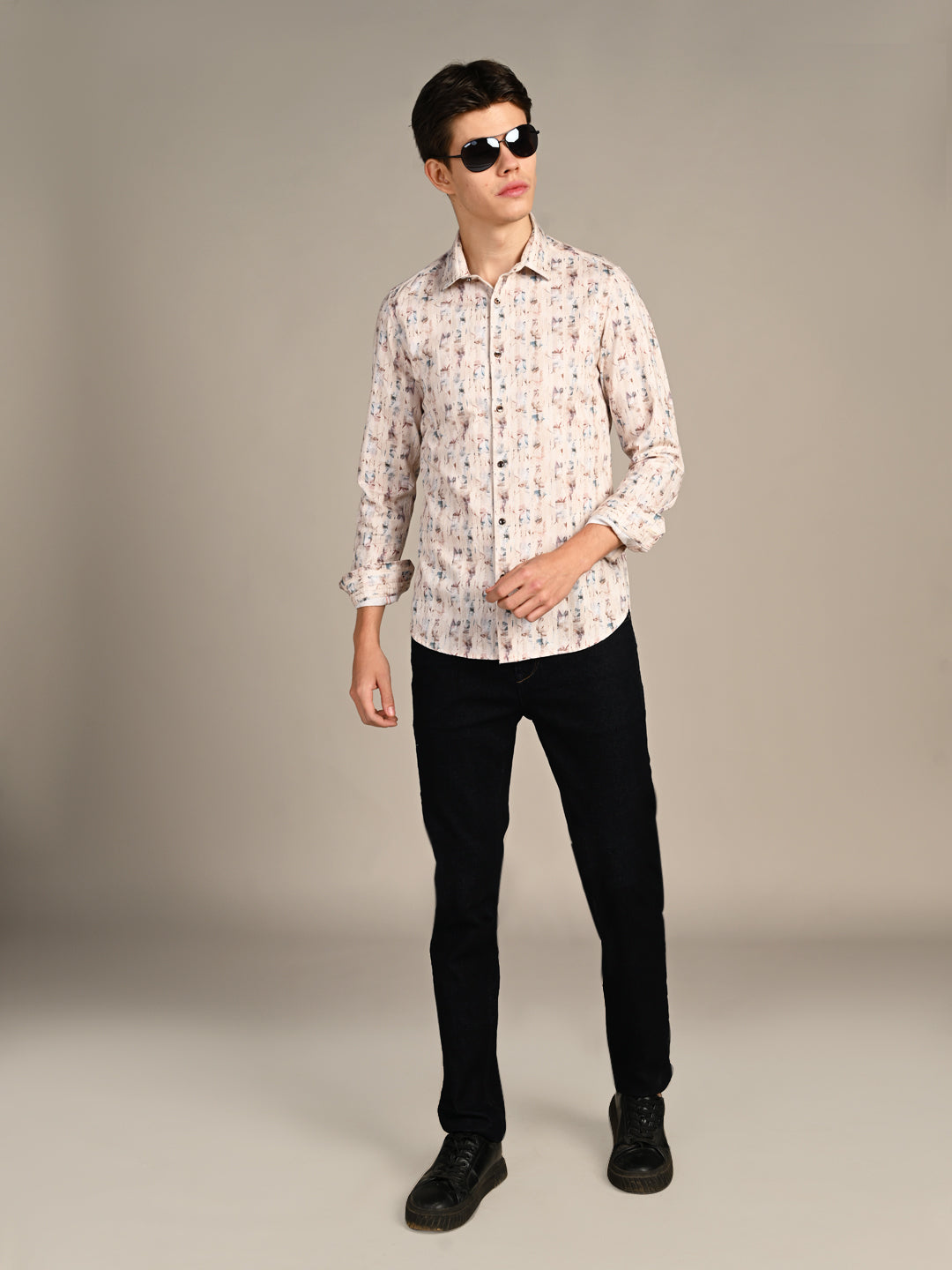 Killer Men Beige Printed Slim Fit Shirts