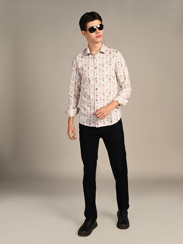Killer Men Beige Printed Slim Fit Shirts