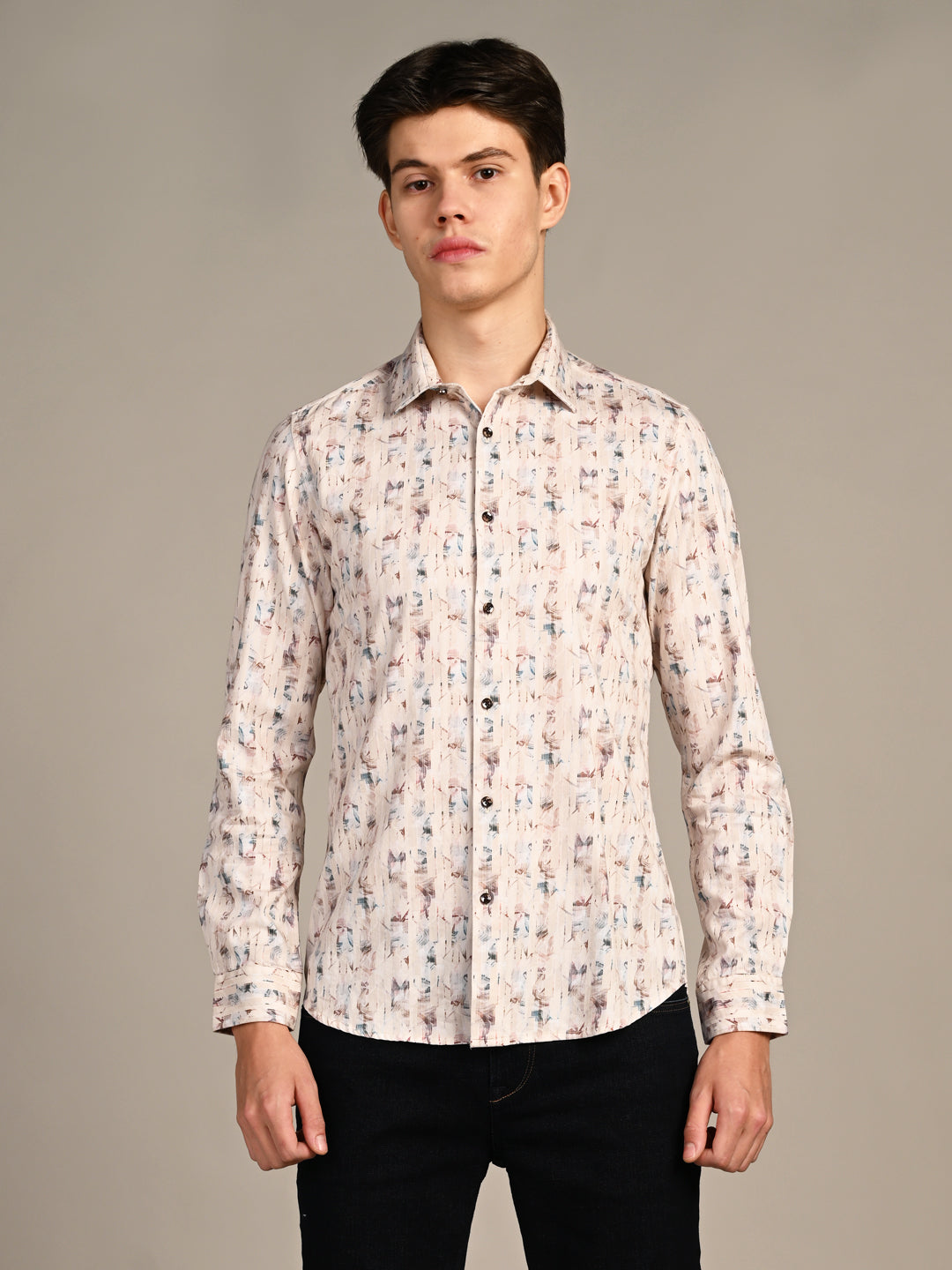 Killer Men Beige Printed Slim Fit Shirts