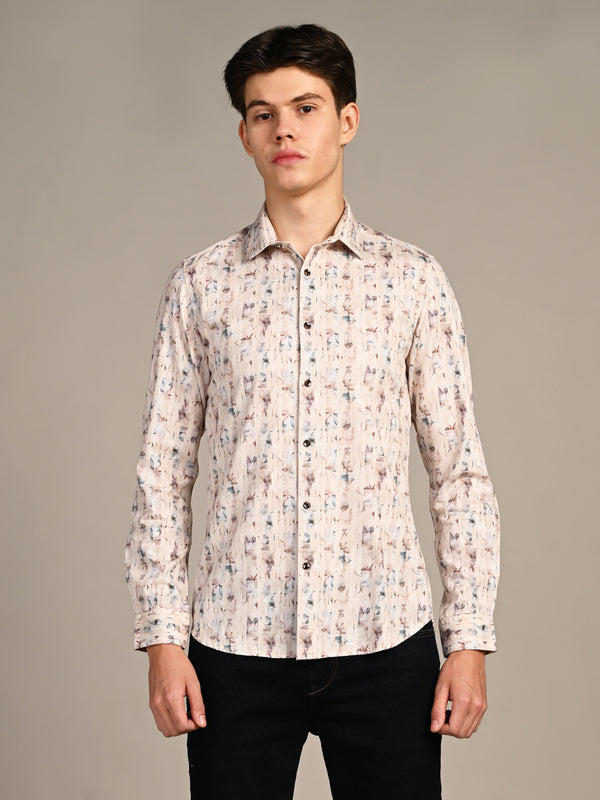 Killer Men Beige Printed Slim Fit Shirts