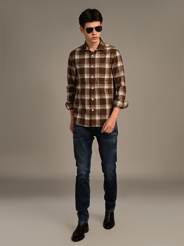 Killer Men Brown Checks Straight Fit Shirts