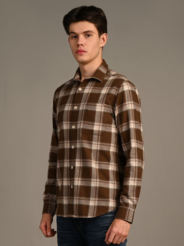 Killer Men Brown Checks Straight Fit Shirts