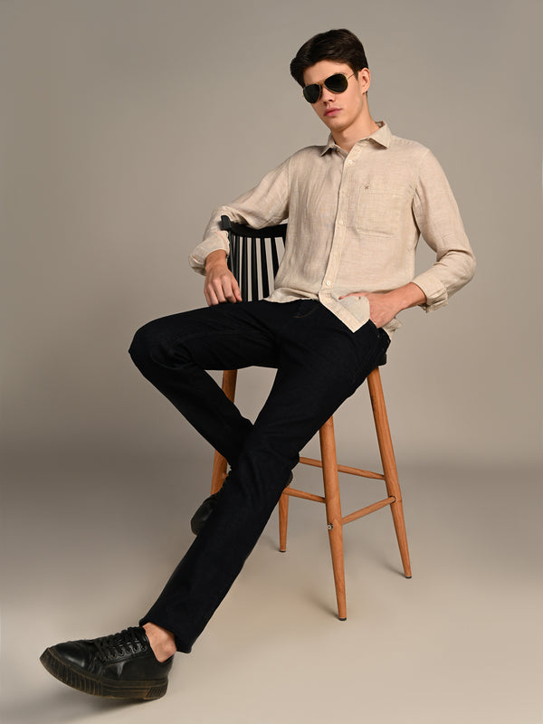 Killer Men Beige Solid Straight Fit Shirts