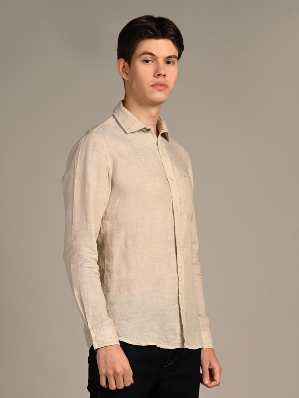Killer Men Beige Solid Straight Fit Shirts