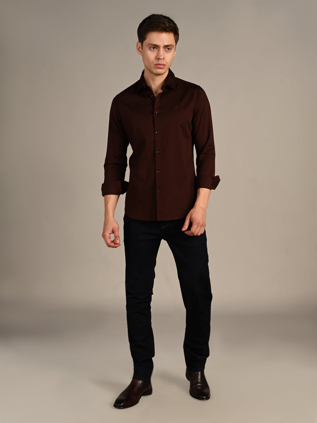 Killer Men Coffee Solid Slim Fit Shirts