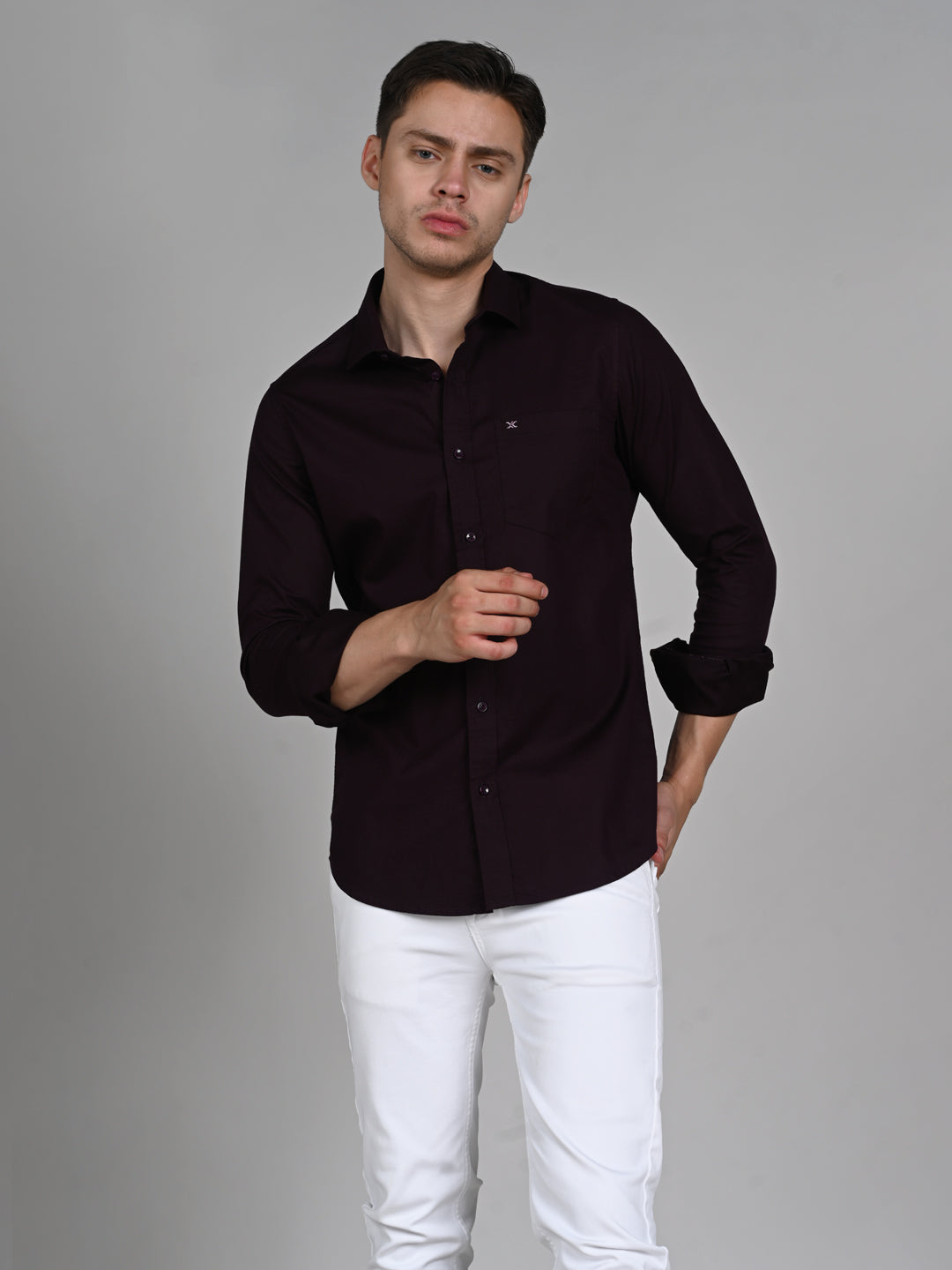 Killer Men Wine Solid Slim Fit Shirts
