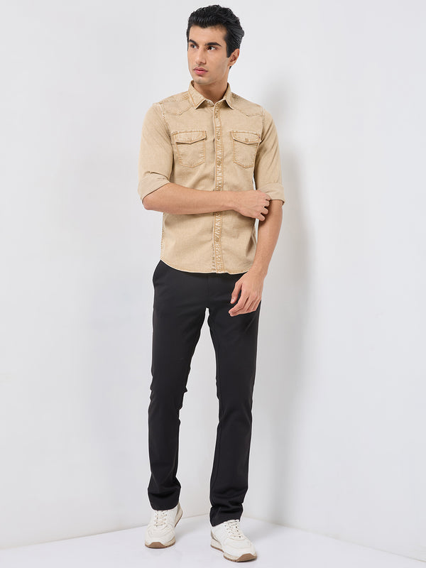 Killer Men Khaki Solid Slim Fit Shirts