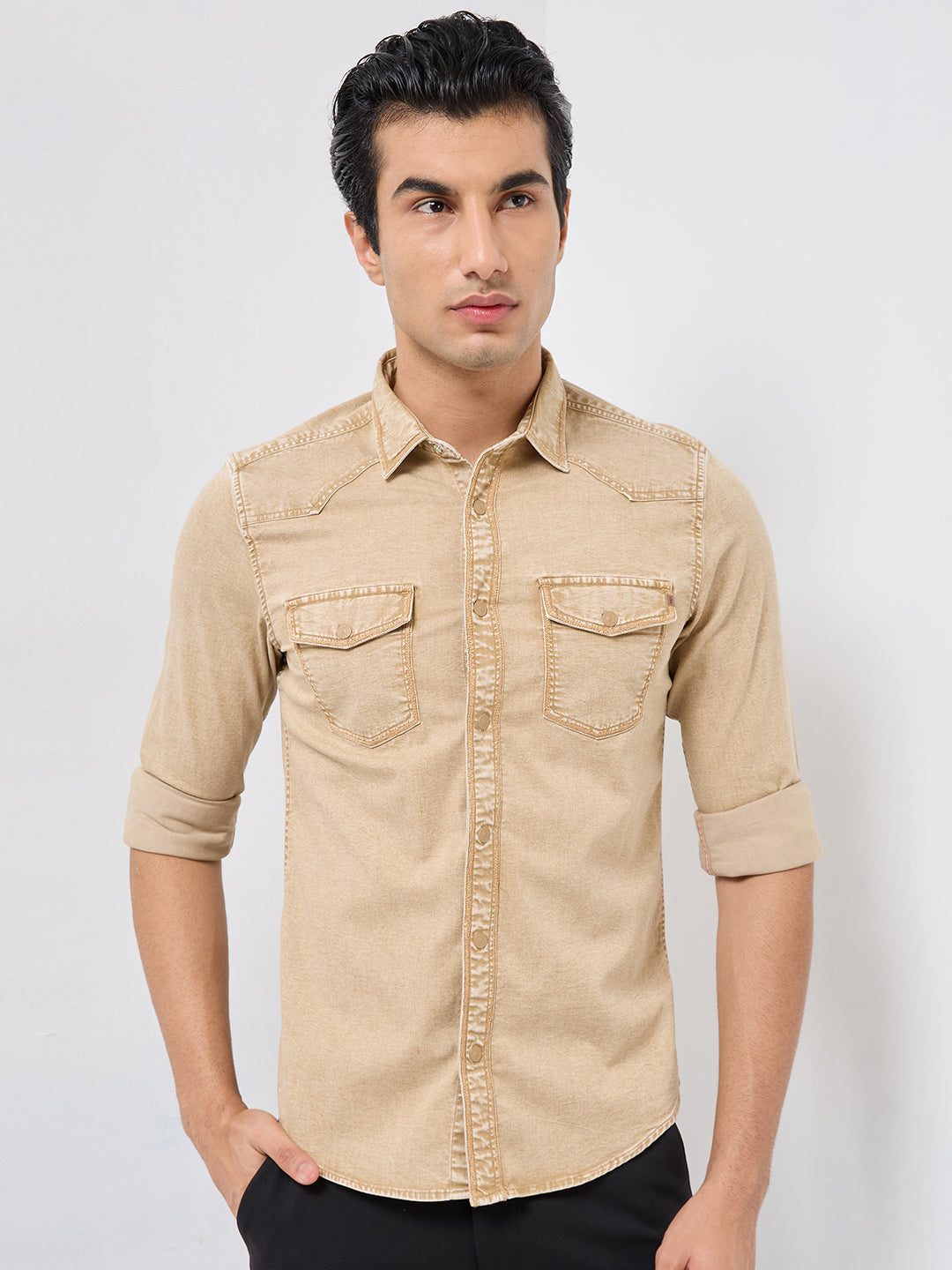 Killer Men Khaki Solid Slim Fit Shirts
