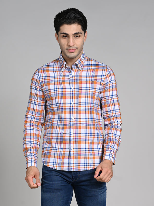 Killer Men Orange Checks Slim Fit Shirts