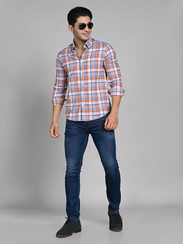 Killer Men Orange Checks Slim Fit Shirts