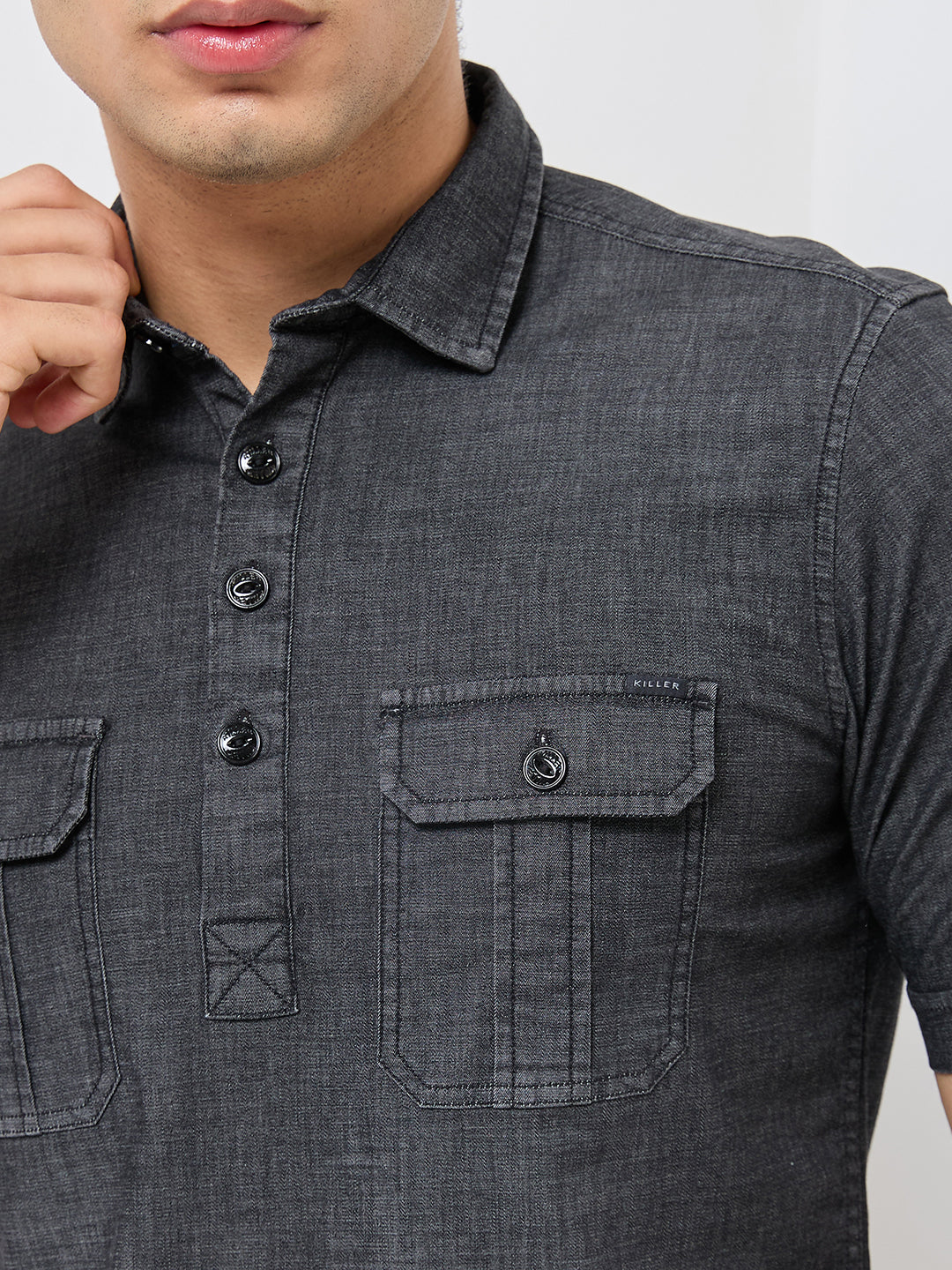 Short sleeves Slim Fit  Mid Black Washed kurta Placket Indigo Solid Shirt