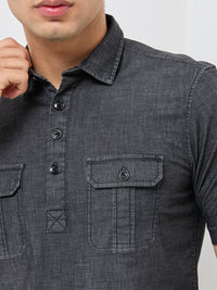 Short sleeves Slim Fit  Mid Black Washed kurta Placket Indigo Solid Shirt