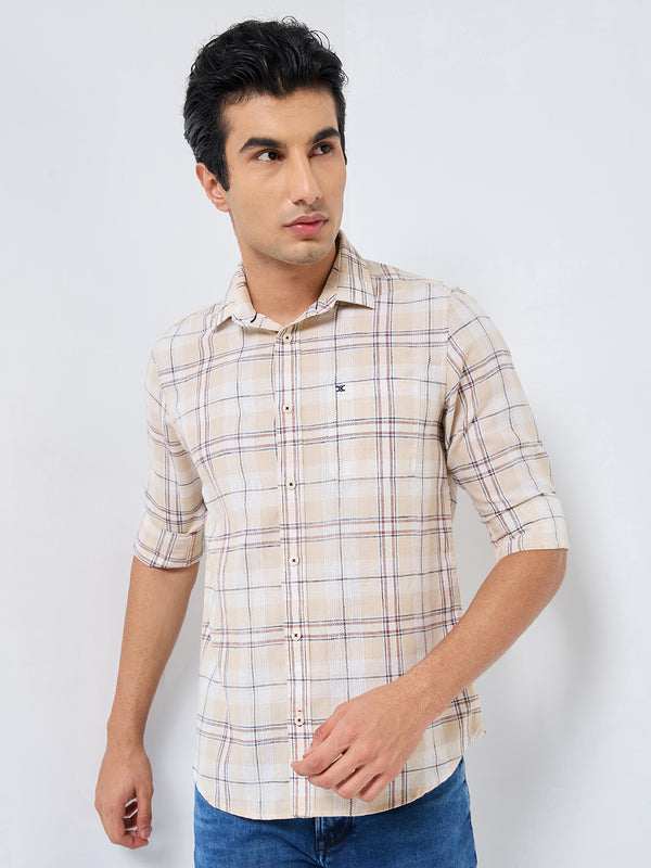 Killer Men Beige Checks Slim Fit Shirts