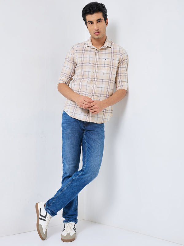 Killer Men Beige Checks Slim Fit Shirts