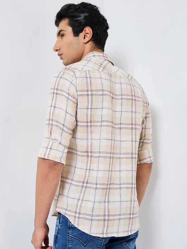 Killer Men Beige Checks Slim Fit Shirts