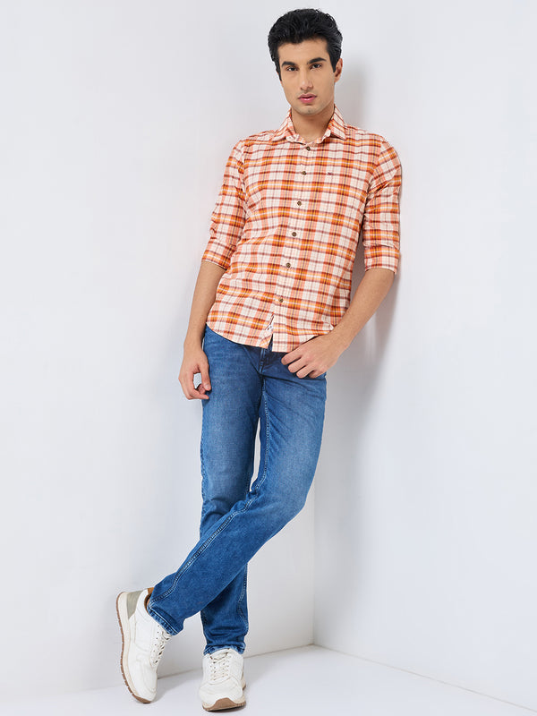 Killer Men Orange Checks Slim Fit Shirts