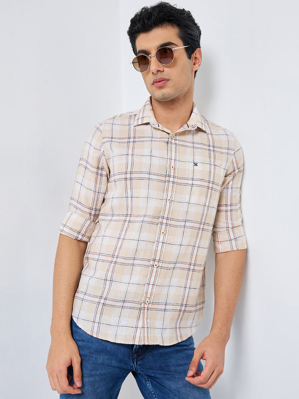 Killer Men Beige Checks Slim Fit Shirts