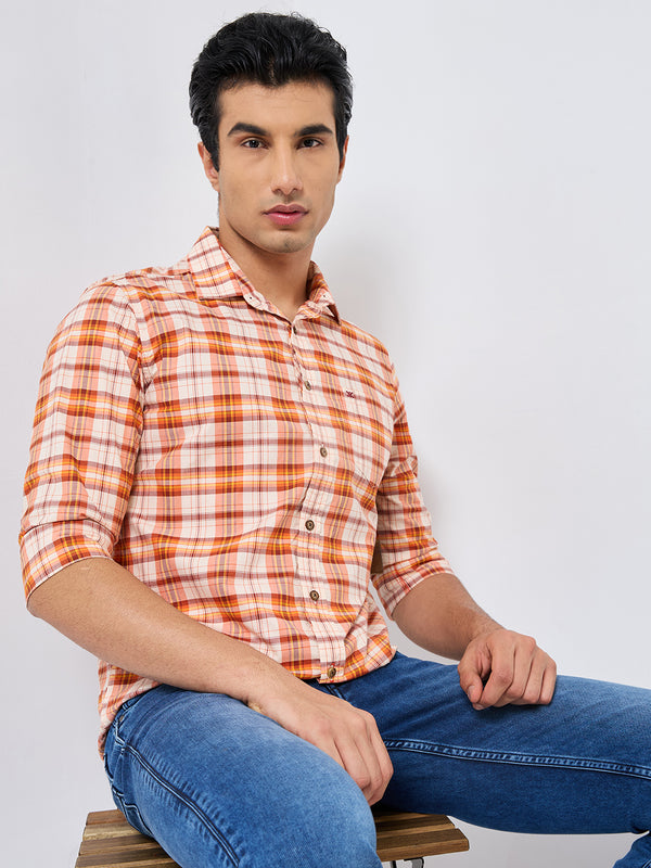 Killer Men Orange Checks Slim Fit Shirts