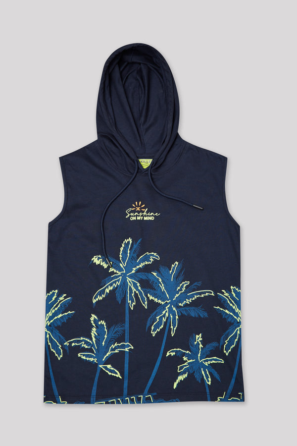 Junior Killer Navy Slim Fit Hooded Sleeveless Printed T-Shirts