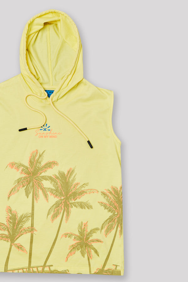 Junior Killer Yellow Slim Fit Hooded Sleeveless Printed T-Shirts