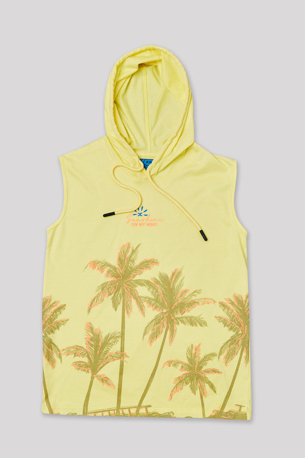Junior Killer Yellow Slim Fit Hooded Sleeveless Printed T-Shirts