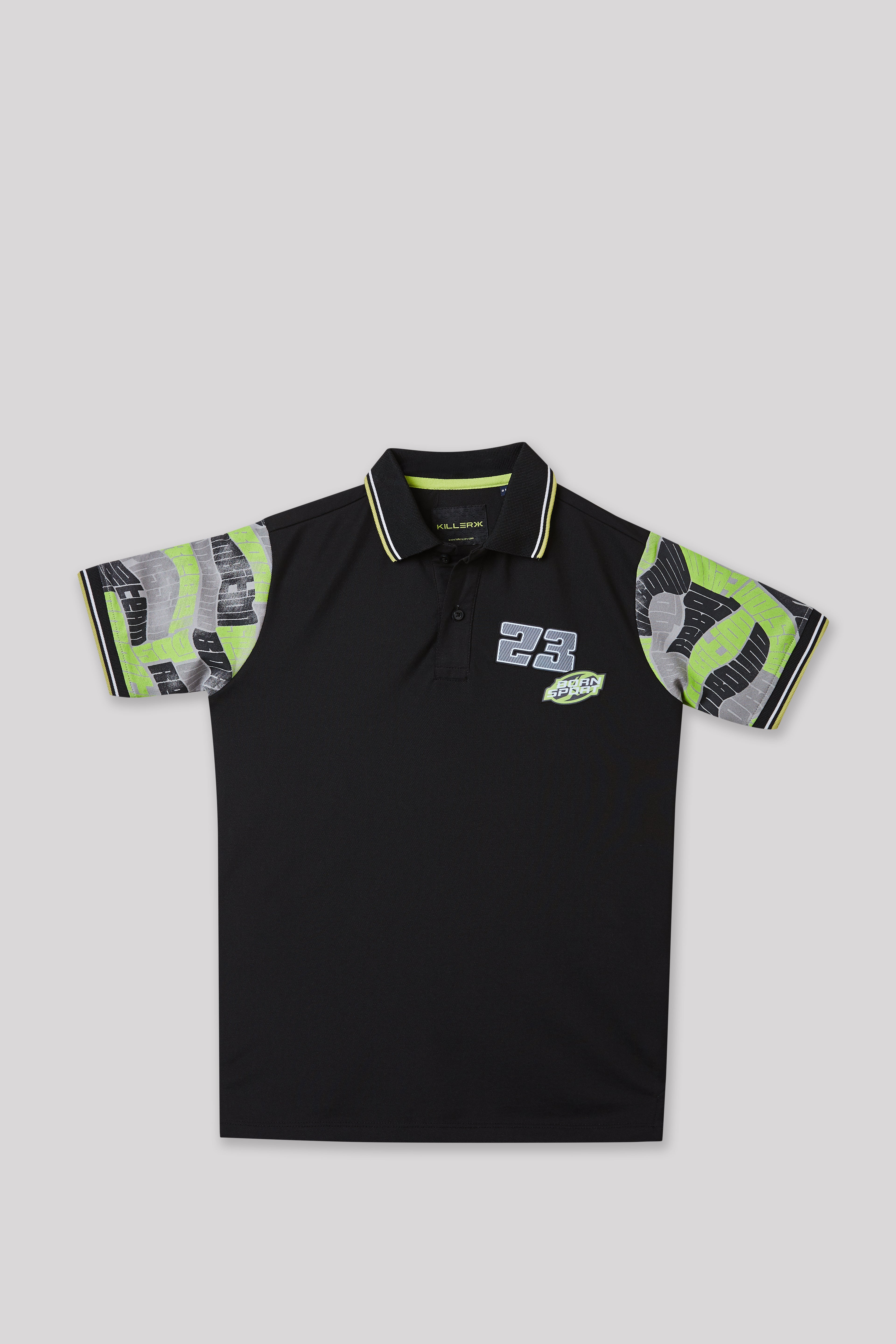 Junior Killer Black Slim Fit Polo Neck Printed T-Shirts