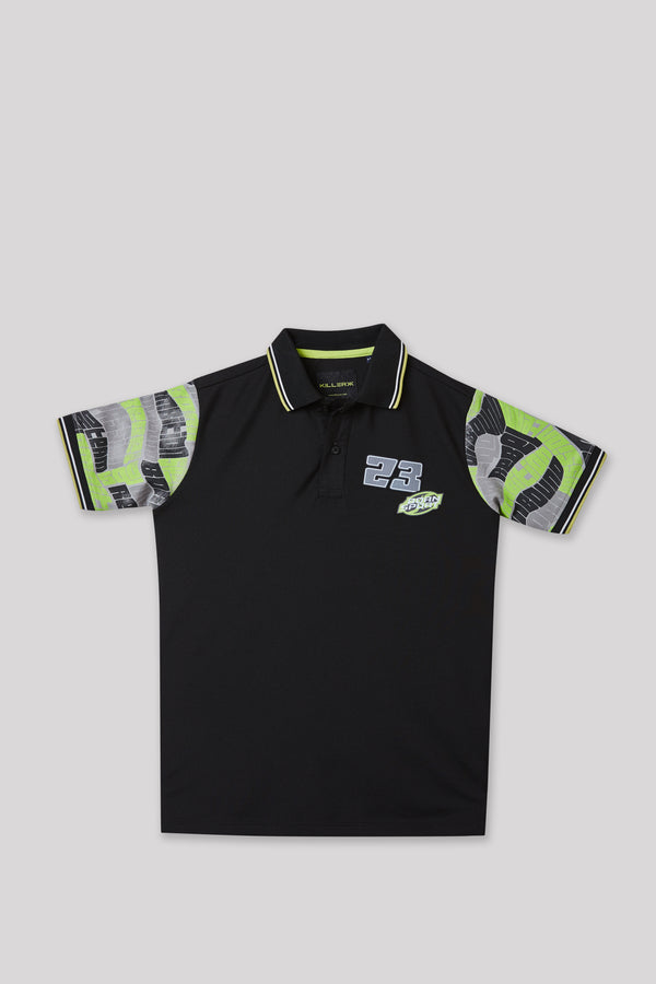 Junior Killer Black Slim Fit Polo Neck Printed T-Shirts