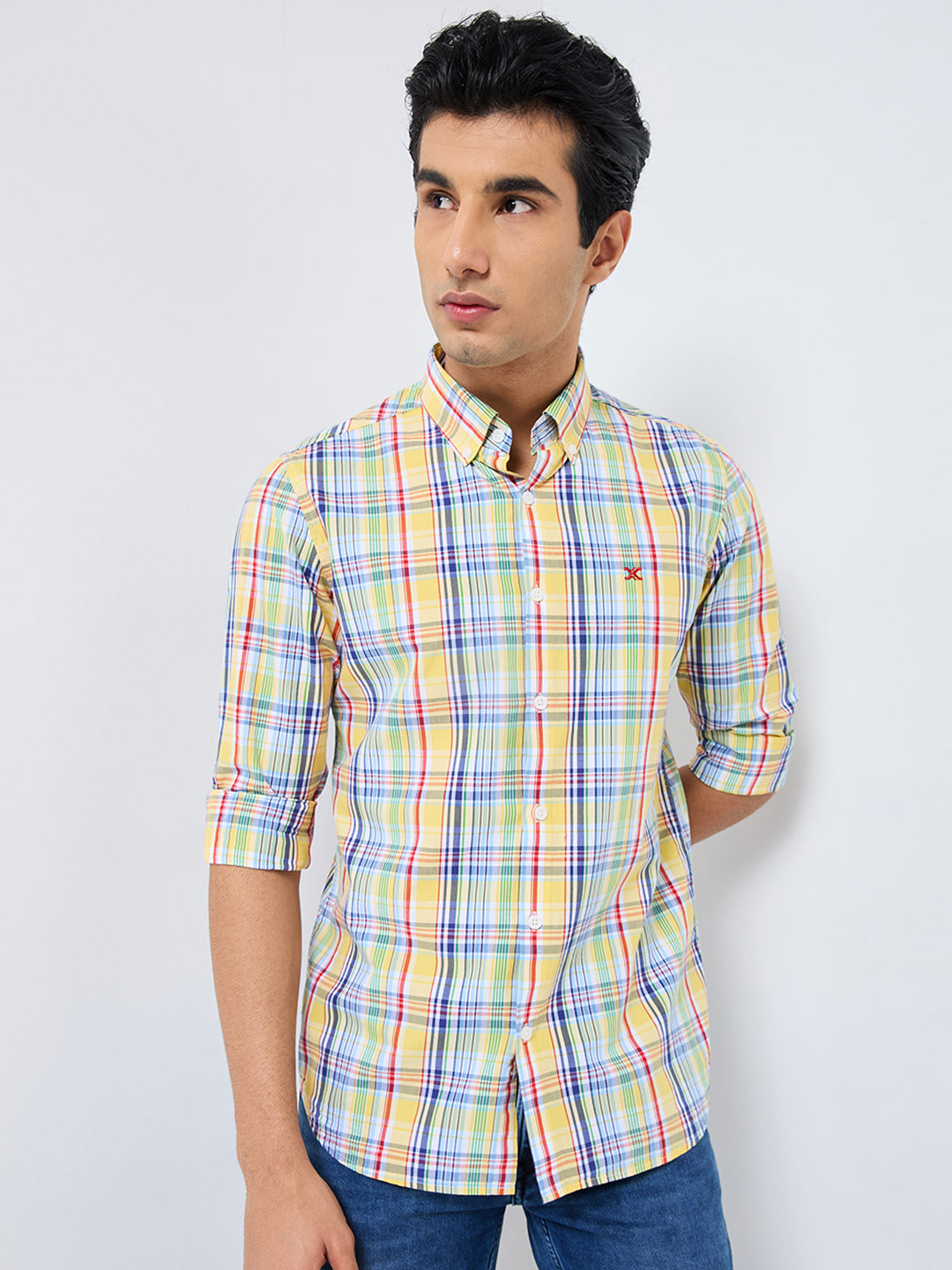 Killer Men Yellow Checks Slim Fit Shirts