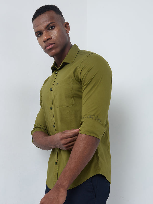 Killer Men Olive Solid Slim Fit Shirts