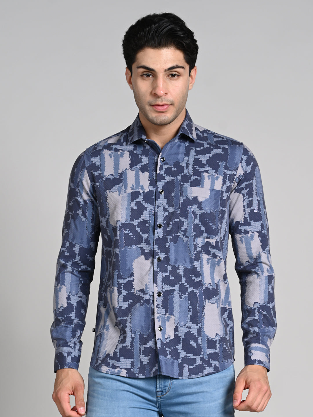 Full Sleeves Slim Fit Purple All over Abstract Camou Dobby Textured Print Shirt