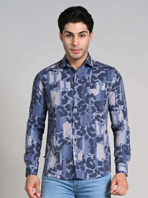 Full Sleeves Slim Fit Purple All over Abstract Camou Dobby Textured Print Shirt