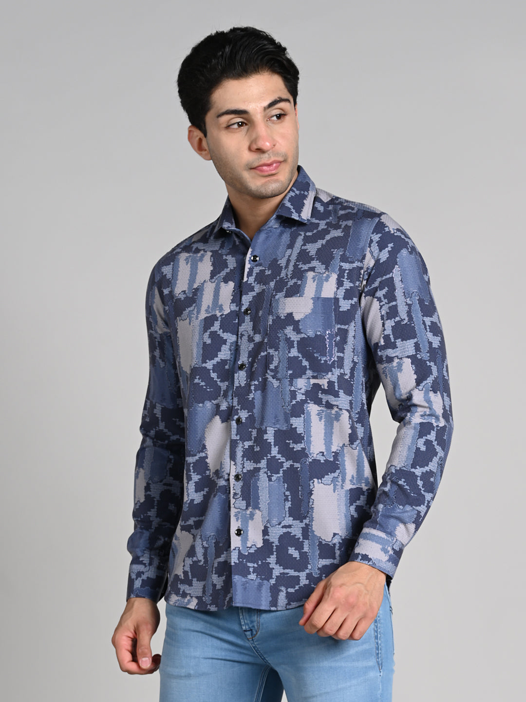 Full Sleeves Slim Fit Purple All over Abstract Camou Dobby Textured Print Shirt