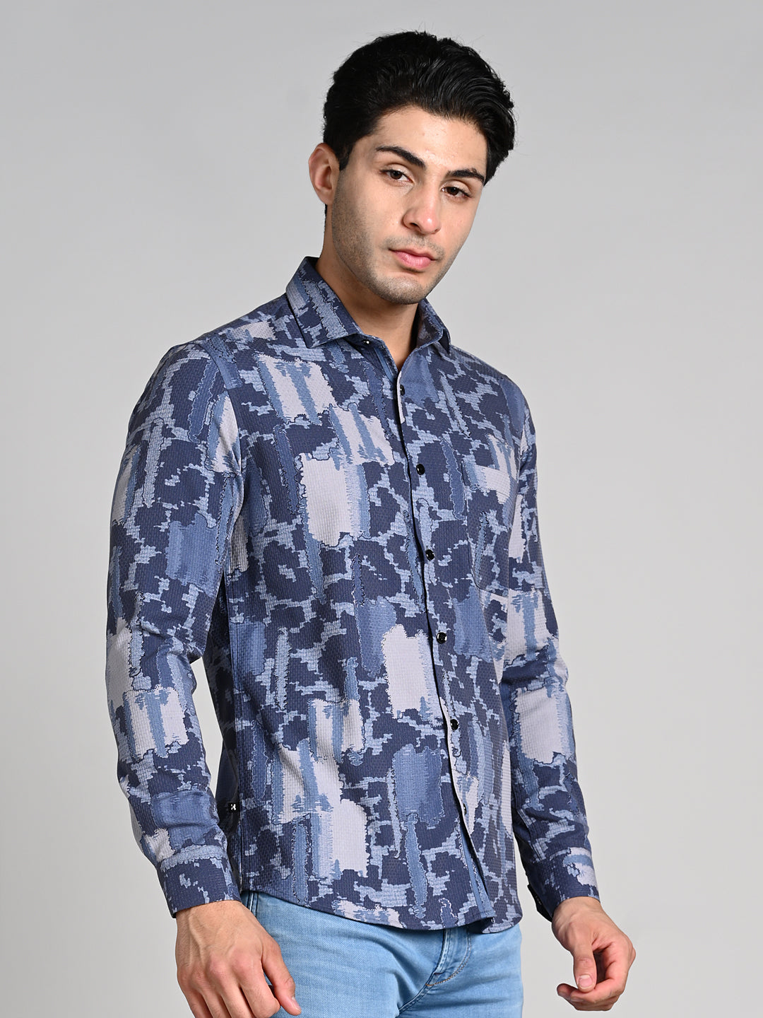 Full Sleeves Slim Fit Purple All over Abstract Camou Dobby Textured Print Shirt