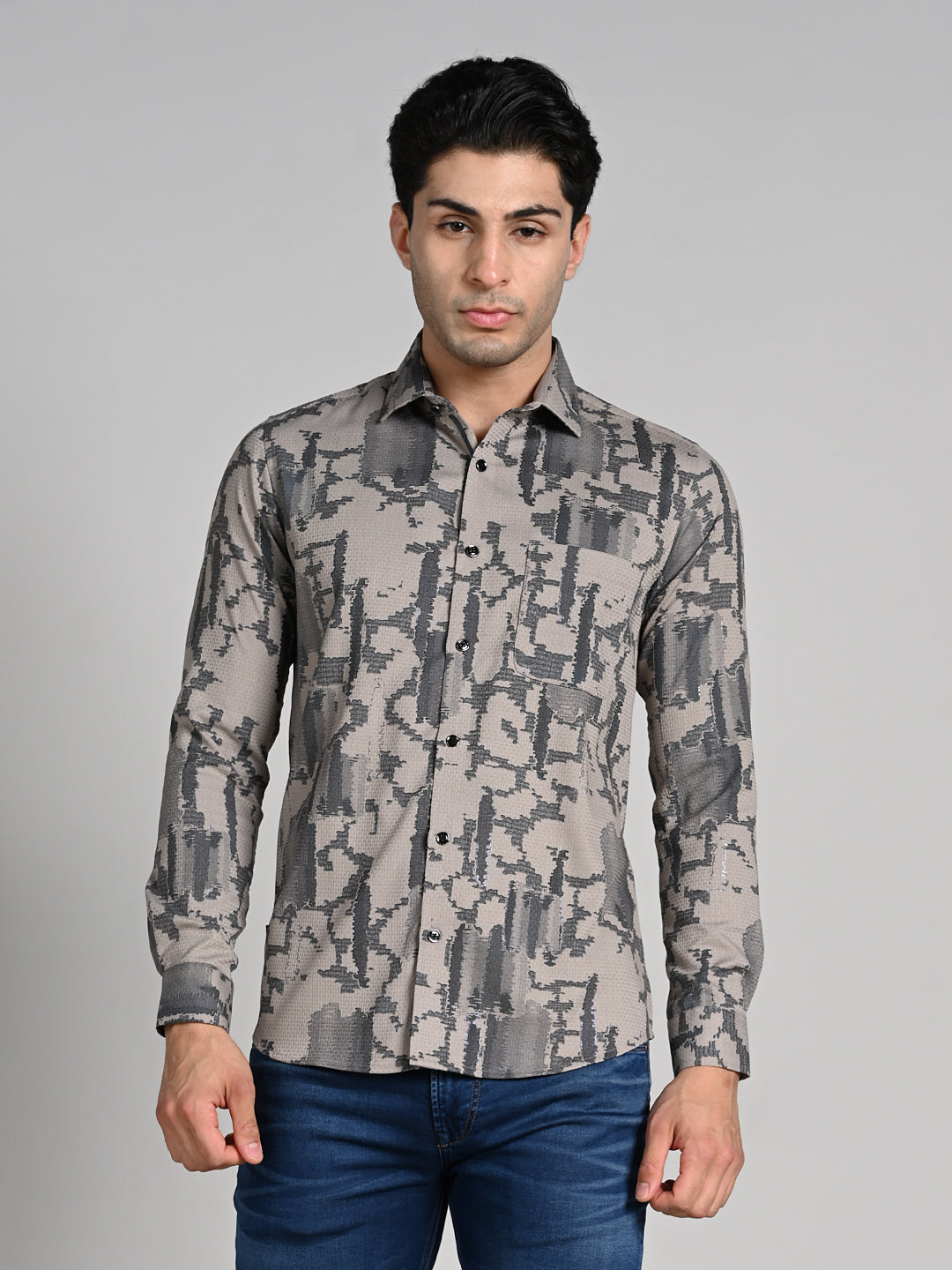 Killer Men Beige Printed Slim Fit Shirts