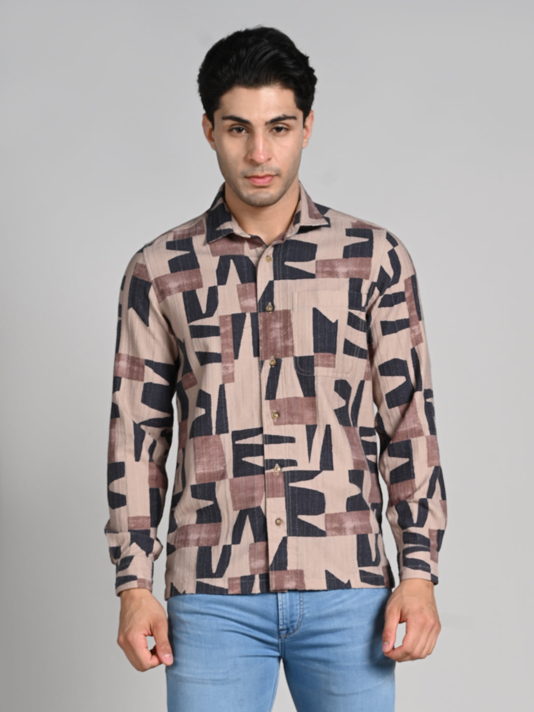 Killer Men Beige Printed Straight Fit Shirts