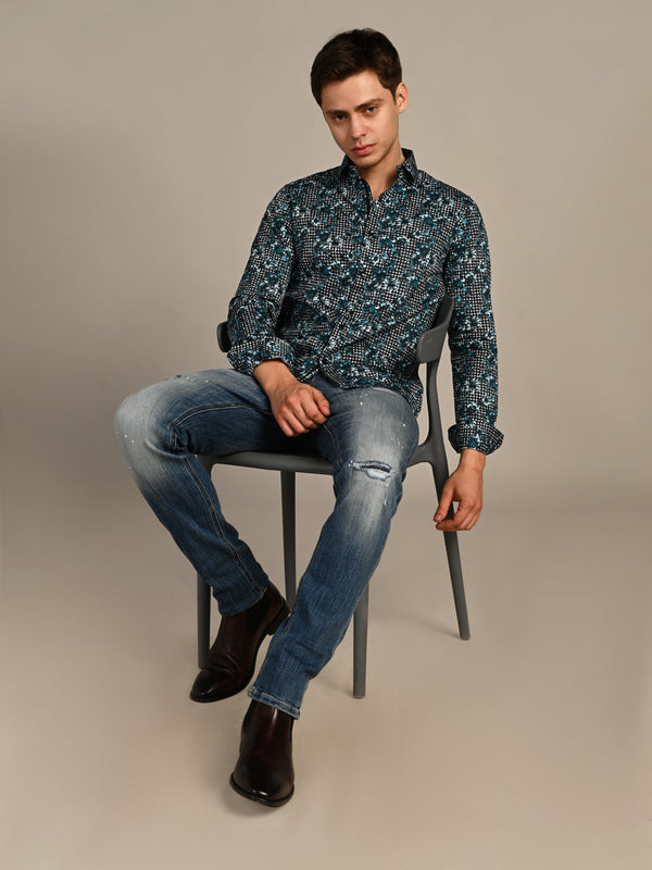 Killer Men Peacock Blue Printed Slim Fit Shirts