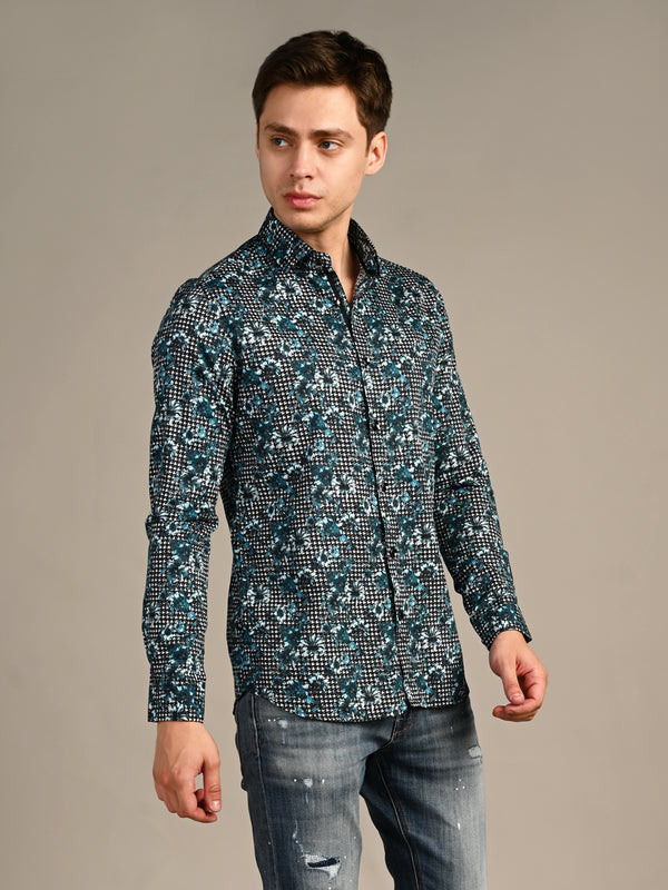 Killer Men Peacock Blue Printed Slim Fit Shirts