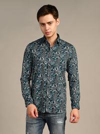 Killer Men Peacock Blue Printed Slim Fit Shirts