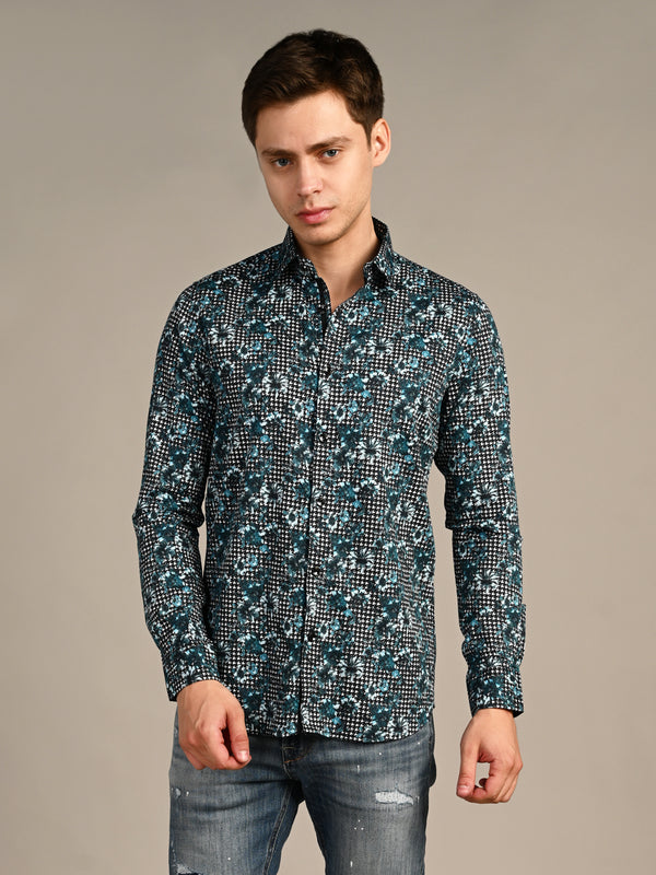 Killer Men Peacock Blue Printed Slim Fit Shirts