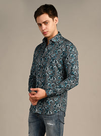 Killer Men Peacock Blue Printed Slim Fit Shirts
